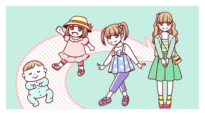 赤ちゃんからどんどん成長して生理を迎えて大人の女性になっていきます。